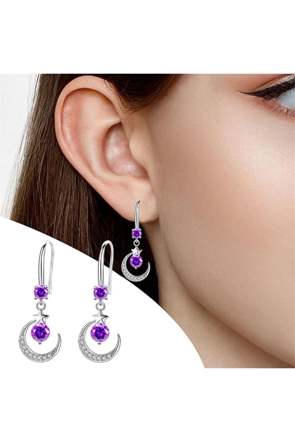 1 Pair Women Hook Earrings Moon Star Shape Cubic Zirconia Hanging Earrings Polished Copper Drop Earrings Prom Party Dating Ear Jewelry