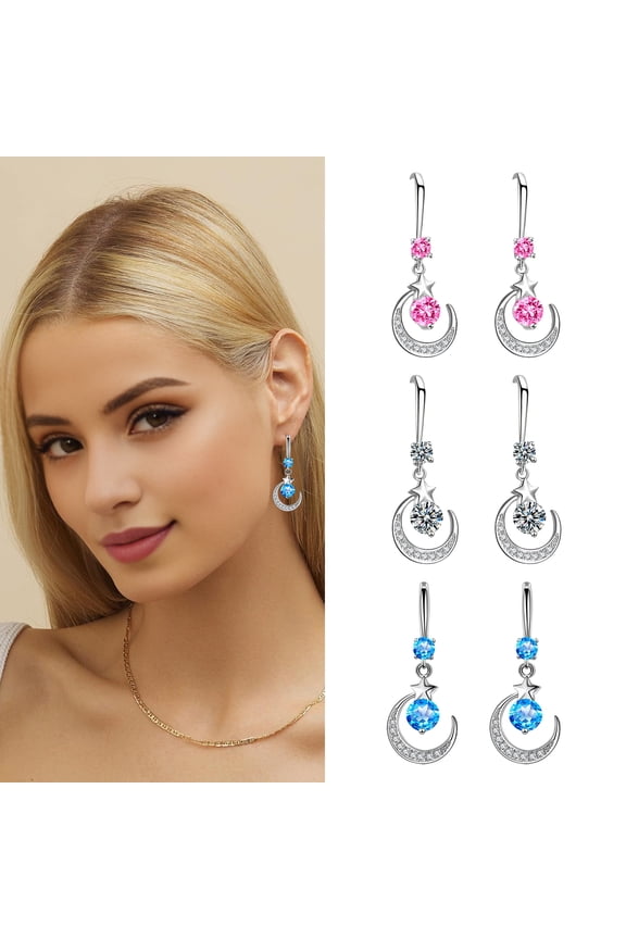 1 Pair Women Hook Earrings Moon Star Shape Rhinestone Hanging Earrings Polished Alloy Drop Earrings Prom Party Dating Ear Jewelry