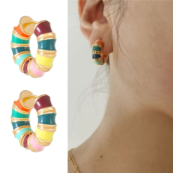 SmartBy 1 Pair Women Huggie Earrings Vintage Colorful Dripping Oil Round Shape French Style Polished Smooth Surface Hoop Earrings Prom Party Ear Jewelry