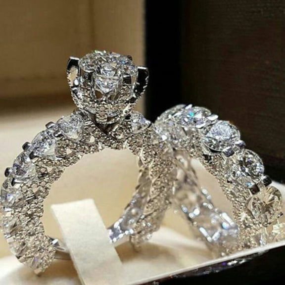 SmartBy 1 Pair Women Ring Full Rhinestone Inlaid Non-Fading Lightweight Symmetric Wedding Circlet for Birthday