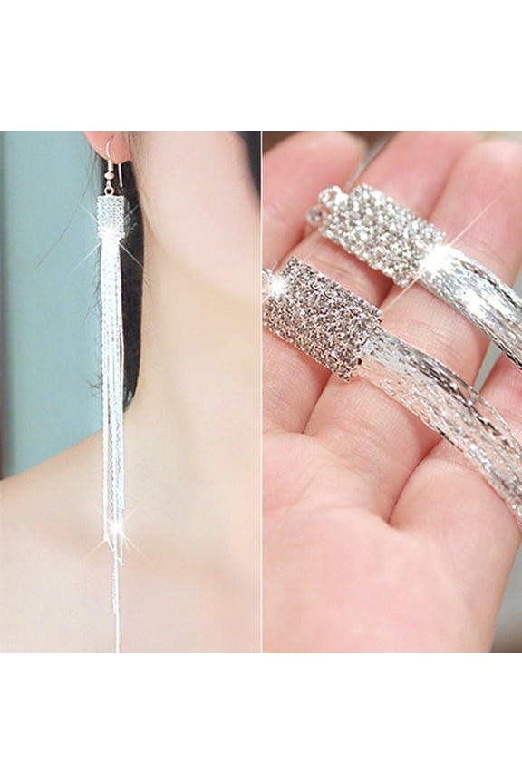 1 Pair Women Square Rhinestone Drop Earrings Long Tassels Chain Dangle Hook Earrings Jewelry