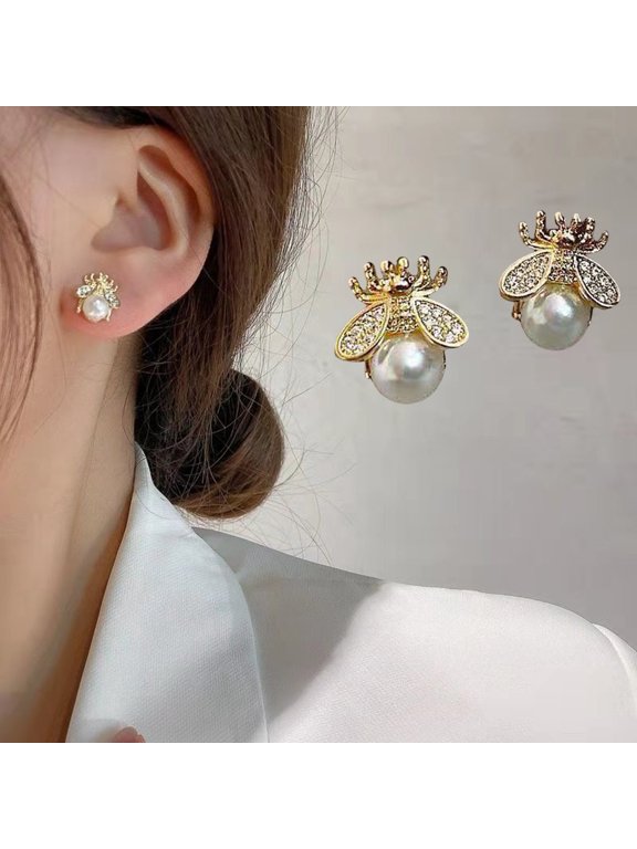 1 Pair Women Stud Earrings Bee Shape Faux Pearl Smooth Polish Lightweight Daily Wear Party Commute Dating Ear Studs Ear Jewelry
