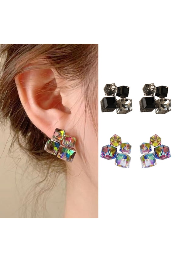 1 Pair Women Stud Earrings Geometric Three-dimensional Square Faux Crystal Ear Studs Shiny Earrings Jewelry Gift