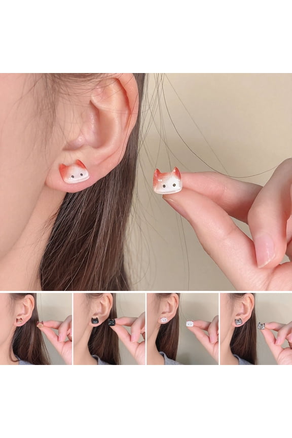1 Pair Women Stud Earrings Imitation Crystal Gradient Color Cartoon Cat Design Ear Studs Jewelry Gift