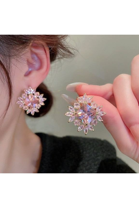 1 Pair Women Stud Earrings Snowflake Shape Square Rhinestone Solid Color OL Commute Earrings Dating Prom Party Ear Stud Ear Jewelry