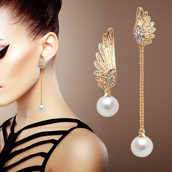 SmartBy 1 Pair Women Wing Shape Faux Pearl Rhinestone Dangle Earrings for Wedding Party