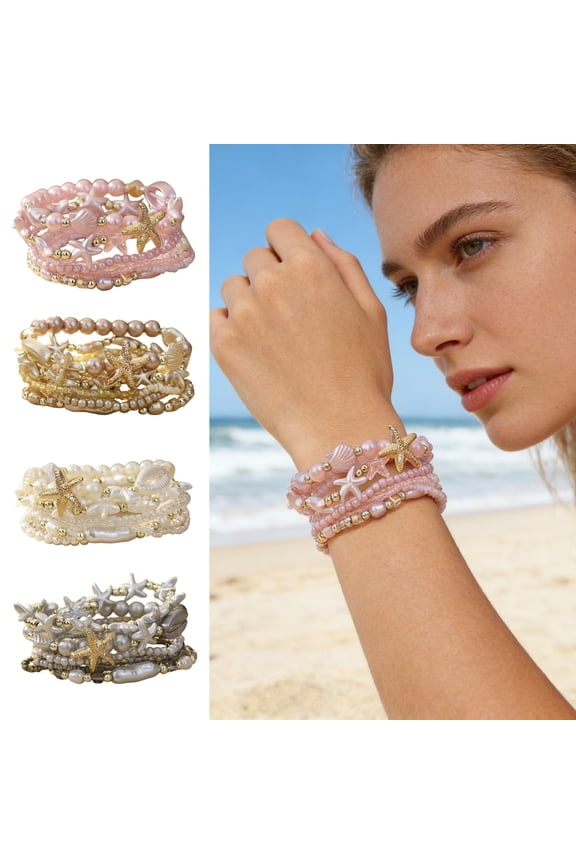 1 Set Bohemian Starfish Bracelets for Women Coastal Style Stackable Stretch Bracelets Faux Pearl Beaded Bracelets for Holiday Summer Beach