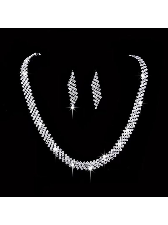 1 Set Bride Necklace Elegant Temperament Luxury Noble Dainty Hypoallergenic Sparkling Rhinestone Dangle Earrings Bangle Kit Wedding Jewelry