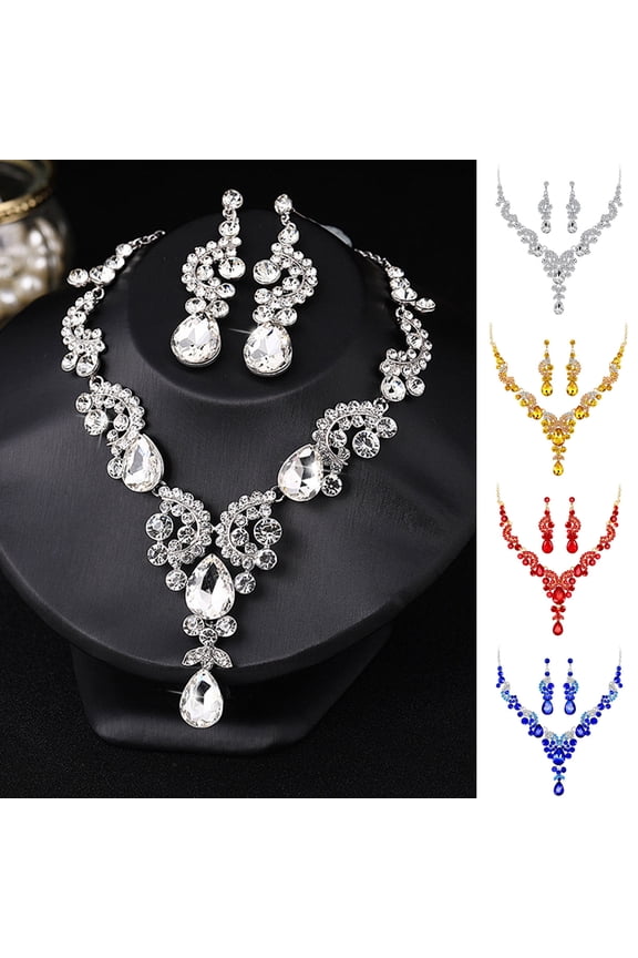 1 Set Jewelry Set Necklace Earrings Luxurious Rhinestone Exquisite Sparkling Color Matching Pendant Necklace Long Hanging Earrings Bride Neck Ear Decoration Jewelry