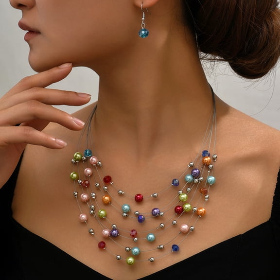 SmartBy 1 Set Lady Necklace Earrings Set Multi-layered Colorful Faux Pearl Bohemian Adjustable Length Faux Crystal Hook Earrings Party Prom Neck Ear Jewelry Set