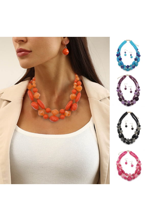 1 Set Layered Necklace Retro Design Jewelry Accessories Double Strand Statement Necklace Hook Earrings Set for Party