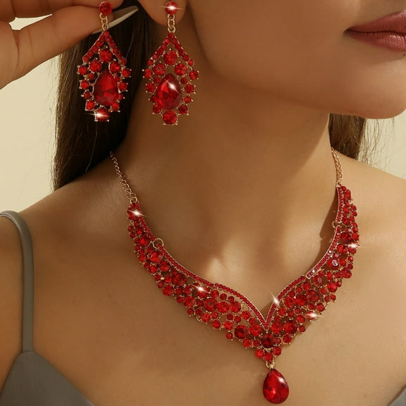 SmartBy 1 Set Necklace Earrings Set Rhinestone Necklace Earrings Prom Wedding Party Bride Symmetric Dangle Earrings Formal Occasions Neck Jewelry Set