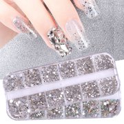 SmartBy 1 Set Round Nail Art Rhinestone Kit 12 Grids Assorted Size Decoration Fake Gems DIY Nail Design Crafting Glass Flatback Rhinestones
