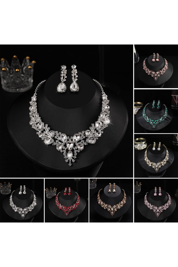 1 Set Wedding Earrings Extension Chain Faux Crystal Rhinestone Inlaid Dress Up Glitter Dinner Women Jewelry Necklace Female Accessory