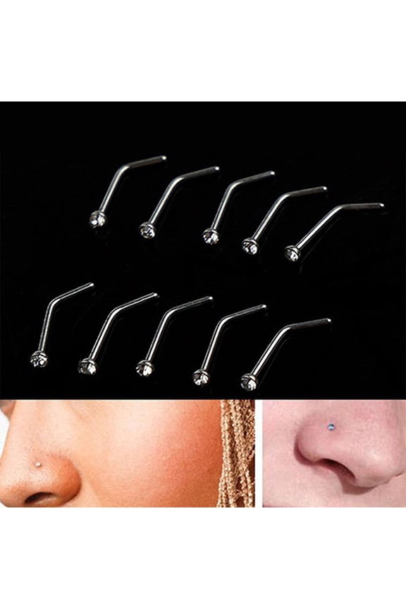 10 Pcs Rhinestone Stainless Steel Screw Nose Stud Ring Unisex Body Piercing