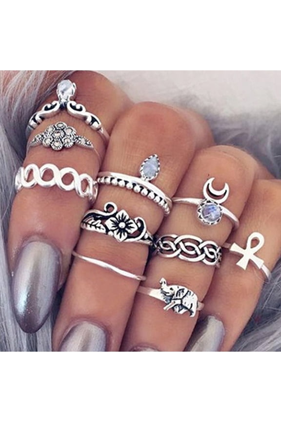 10Pcs/Set Retro Boho Elephant Flower Moon Above Knuckle Midi Finger Ring Jewelry