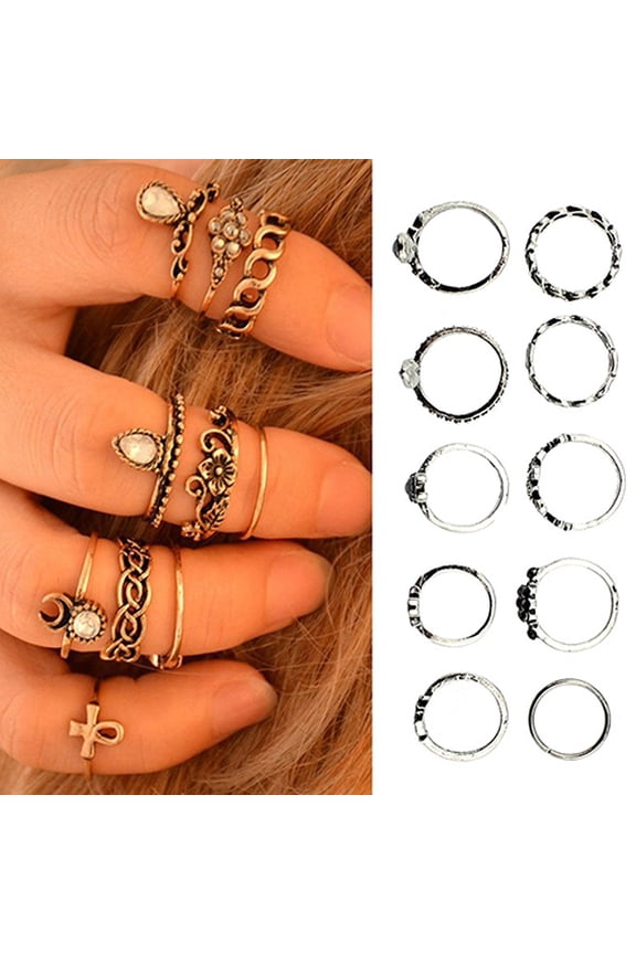 10Pcs/Set Women's Punk Vintage Rhinestone Etched Hollow Midi Knuckle Ring Set