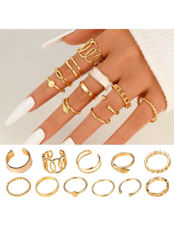 11 Pcs/Set Women Ring Set Hollow Out Multi Shapes Twisted Polished Smooth Alloy Adjustable Open Ring Commute Stackable Knuckle Ring Finger Jewelry