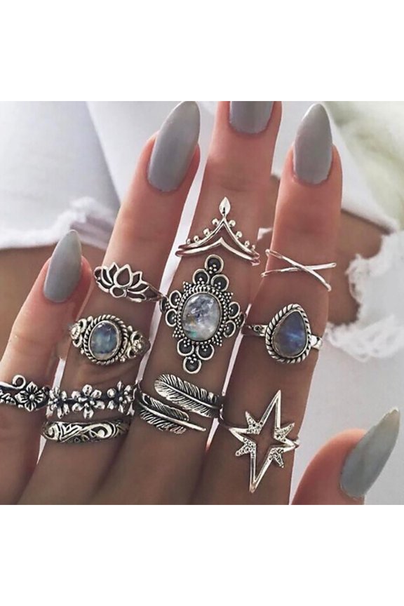 11Pcs/Set Retro Flower Carved Pattern Knuckle Rings Hollow Out Faux Gem Inlaid Silver Color Rings Set