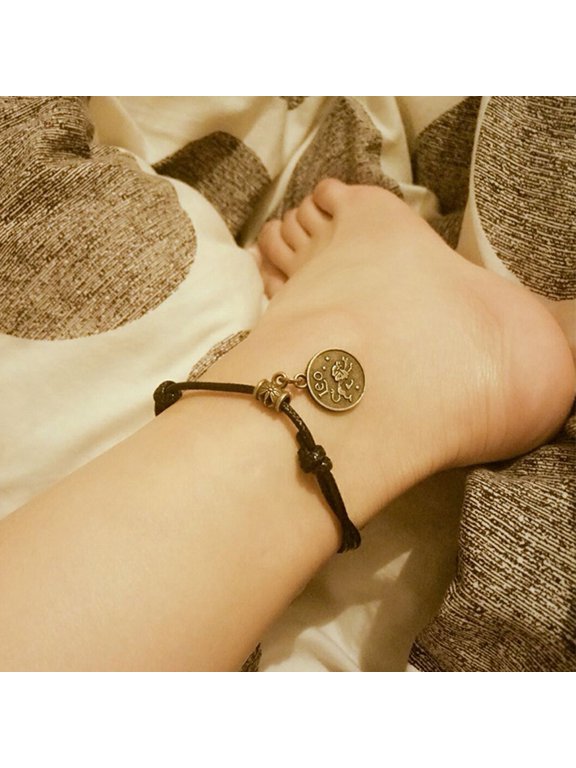 12 Constellations Round Charm Faux Leather Rope Anklet Foot Chain Ankle Bracelet
