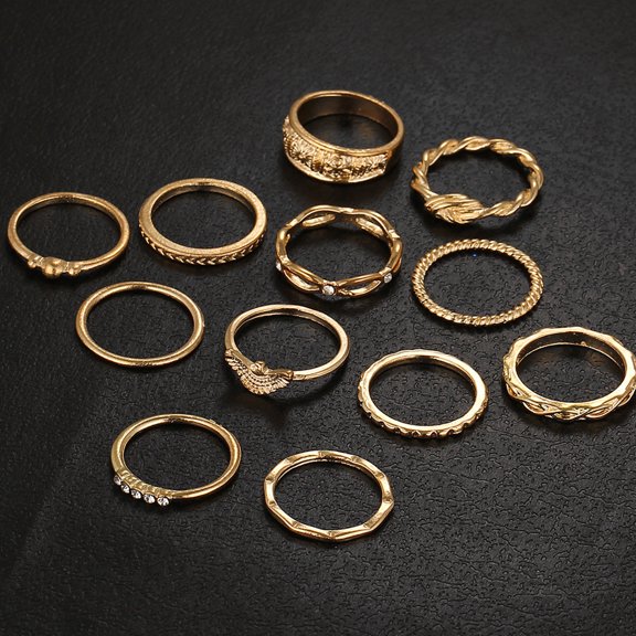 SmartBy 12Pcs Lady Retro Twisted Carved Knuckle Finger Rings Rhinestone Ring Set Jewelry