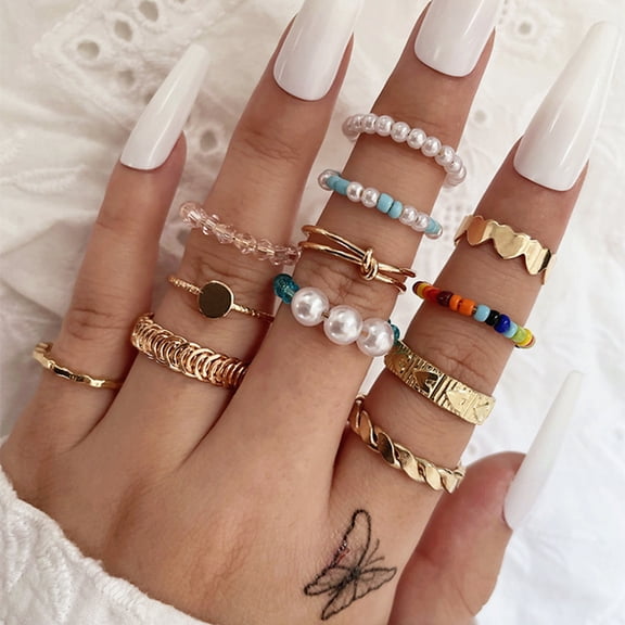 SmartBy 12Pcs/Set Faux Pearls Multicolor Beads Knuckle Rings Opening Heart Knot Women Knuckle Rings Jewelry Accessories