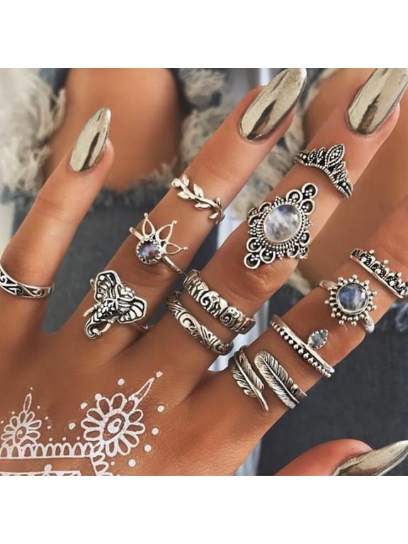 12Pcs Women Vintage Boho Faux Gemstone Rhinestone Jewelry Knuckle Stacking Rings
