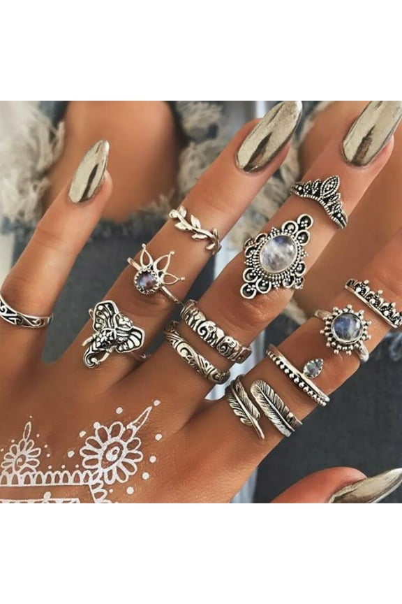 12Pcs Women Vintage Boho Faux Gemstone Rhinestone Jewelry Knuckle Stacking Rings