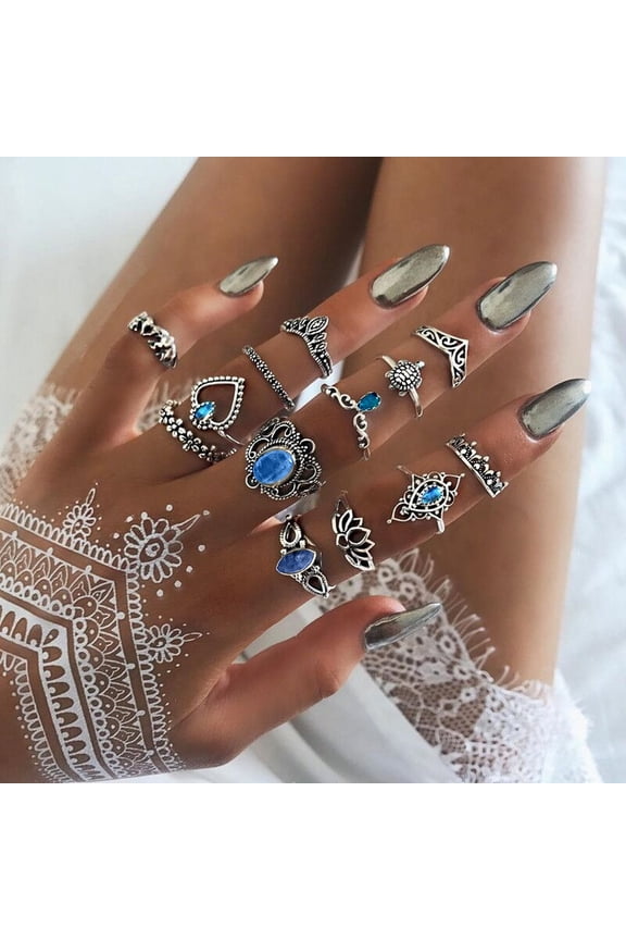13 Pcs Rings Vintage Rhinestone Decor Hollow Out Polished Stainless Carved Star Crown Turtle Shape Exquisite Kuckle Ring Set Lady Finger Jewelry