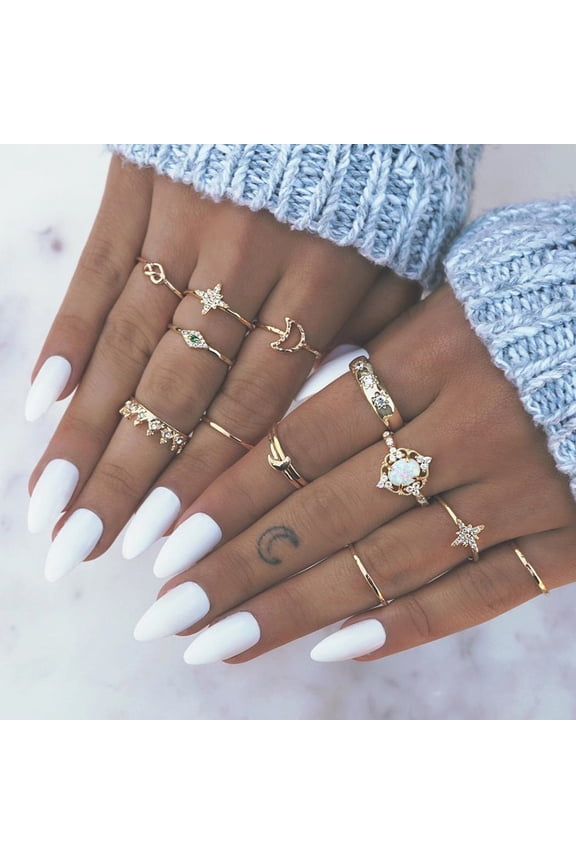 13Pcs/Set Boho Women Moon Star Crown Faux Opal Knuckle Midi Finger Ring Jewelry