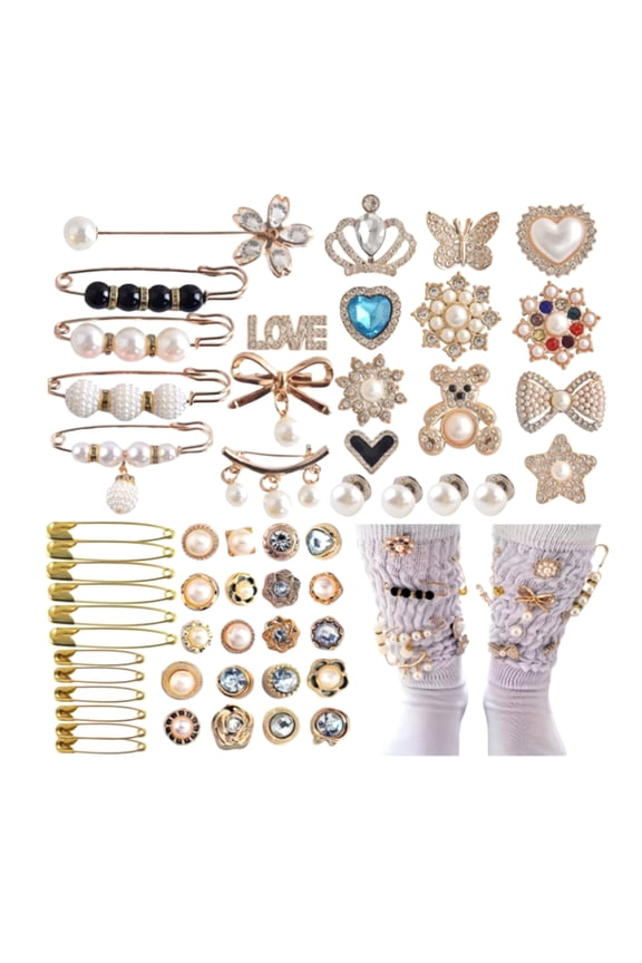 14/24/55/58/80Pcs Junk Socks Charms Kit Multi Shapes Faux Peral Decor Brooches And Safety Pins Rhinestone Socks DIY Accessories