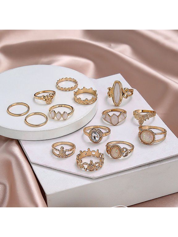 14Pcs Hollow Stackable Knuckle Rings Alloy Ethnic Style Starry Sky Faux Gem Finger Rings Jewelry Accessory
