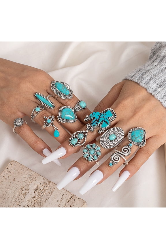 14Pcs/Set Vintage Bohemian Open End Adjustable Ring Set Cactus Sun Shape Faux Turquoise Knuckle Rings Fashion Jewelry Gift