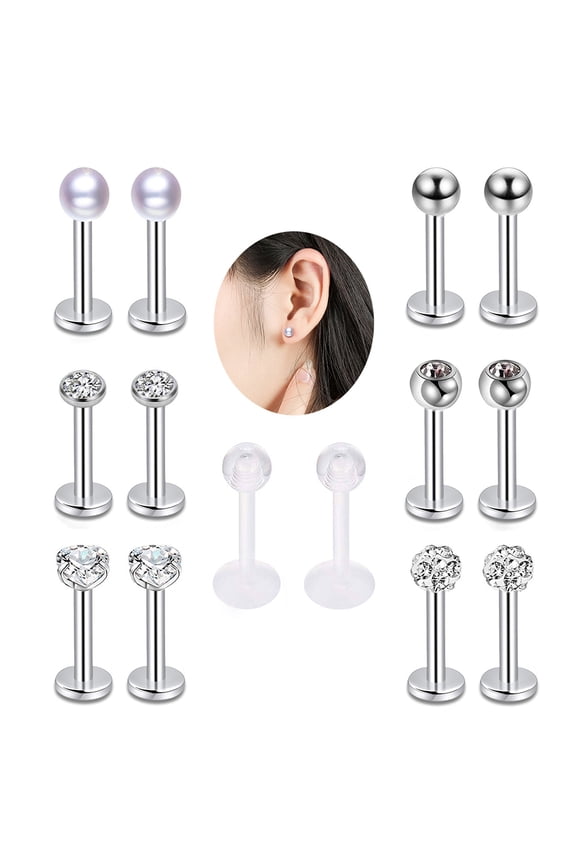 14Pcs Unisex Stainless Steel Anti-Allergic Lip Nose Nail Ear Stud Piercing Kit