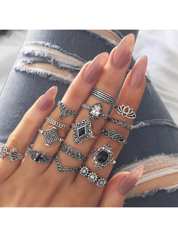 15Pcs Bohemian Style Ladies Ring Rhinestone Inlay Non-fading Jewelry Opening Ring for Daily Life