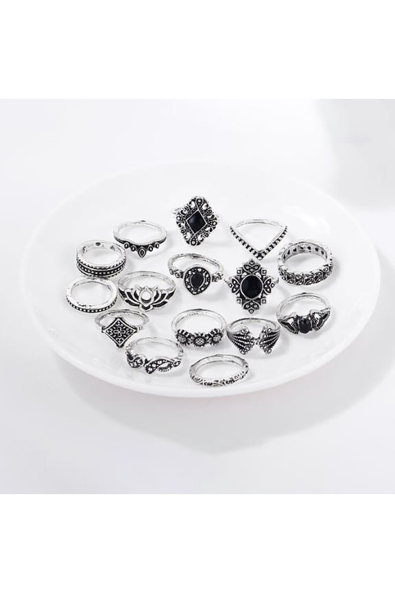 15Pcs/Set Women Hollow Lotus Sunflower Geometric Faux Gem Stacking Finger Ring