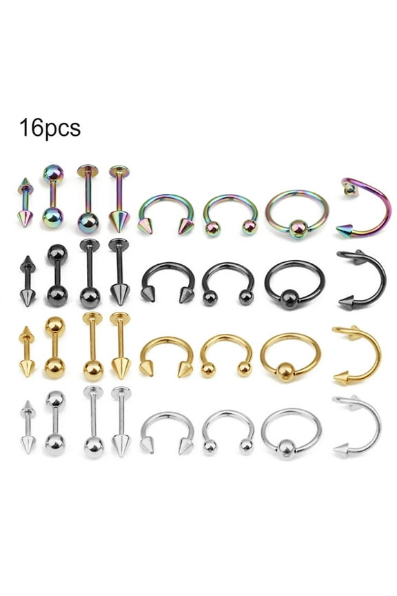 16Pcs Lip Nose Eyebrow Stud Belly Tongue Rings Body Piercing Tool Jewelry Gift