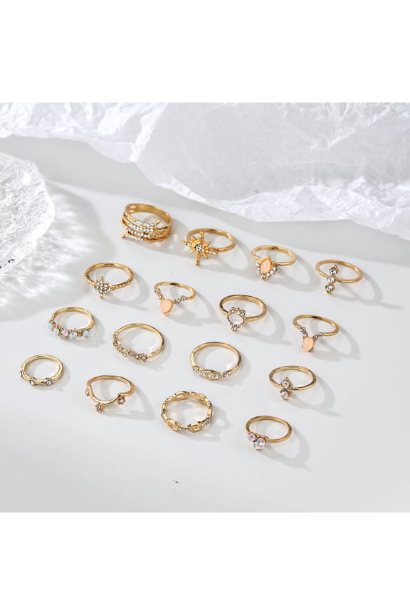 16Pcs/Set Bohemia Style Women Finger Ring Set Geometric Shape Shining Faux Gem Rhinestones Inlaid Knuckle Rings Jewelry Gift