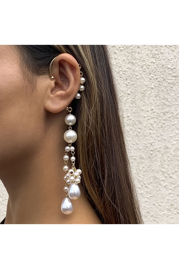 1Pc Clip Earring Imitation Pearls Long Tassel Jewelry Temperament Delicate Ear Cuff for Wedding
