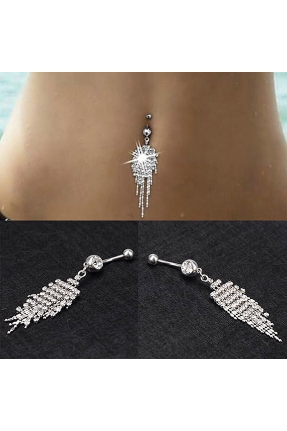 1Pc Shiny Rhinestone Tassel Long Chain Dangle Navel Belly Button Ring Bar