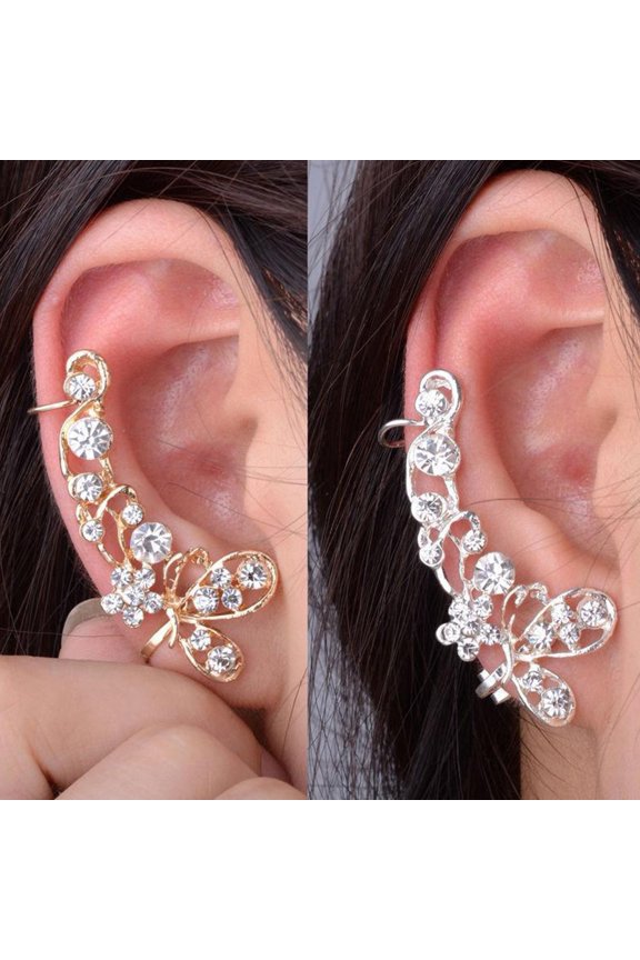1Pc Sweet Women Rhinestone Inlaid Butterfly Right Ear Cuff Stud Earrings Jewelry
