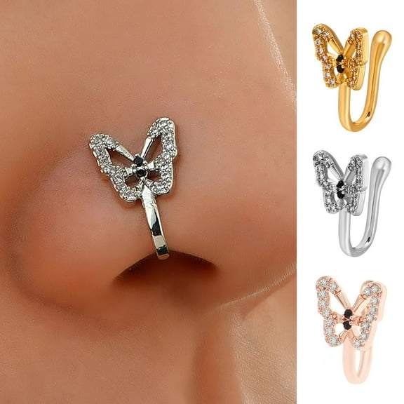 SmartBy 1Pc U-Shaped False Nose Ring Butterflies Shape Nose Stud Shining Rhinestone Inlaid Non-piercing Nose Clip Jewelry Gift