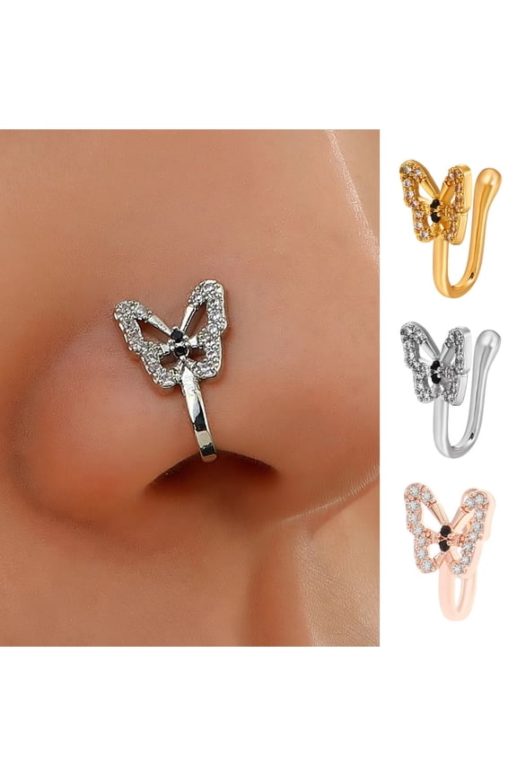 1Pc U-Shaped False Nose Ring Butterflies Shape Nose Stud Shining Rhinestone Inlaid Non-piercing Nose Clip Jewelry Gift