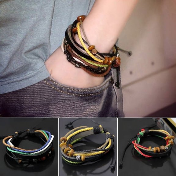 SmartBy 1Pc Unisex Chic Multi-layer Faux Leather Rope Chain Beads Charms Bracelet