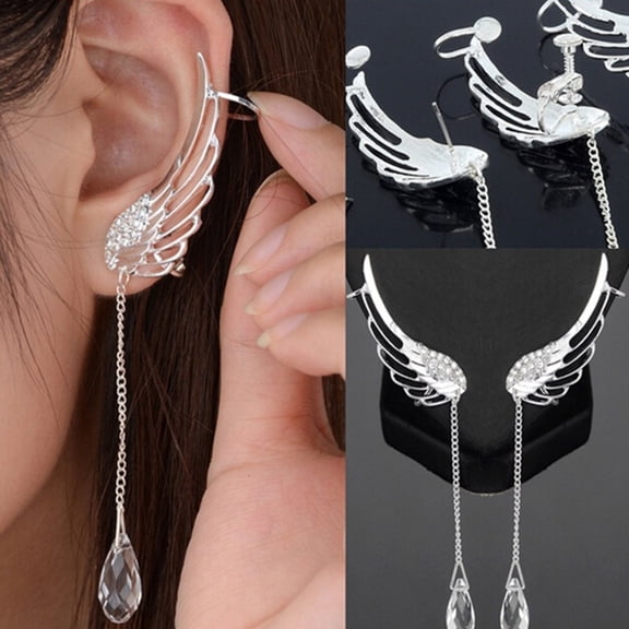 SmartBy 1Pc Women Angel Wing Rhinestone Tassel Dangle Stud Earring Ear Clip Jewelry Gift