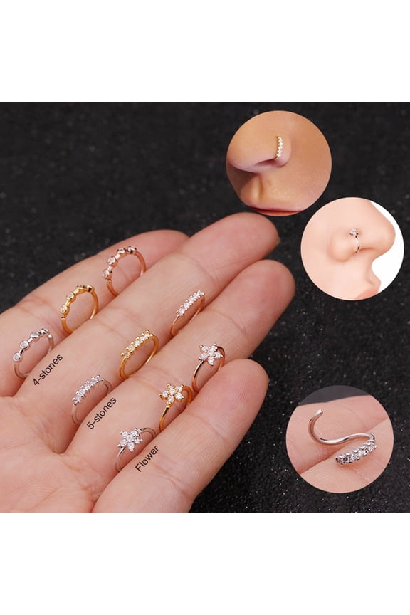 1Pc Women Cubic Zirconia Inlaid Flower Nose Ring Piercing Hoop Helix Earring
