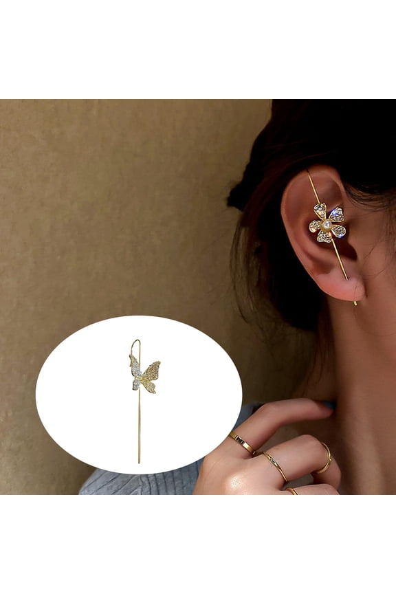 1Pc Women Ear Wrap Crawler Rhinestones Flower Butterfly Piercing Ear Cuff Hook Earring for Party