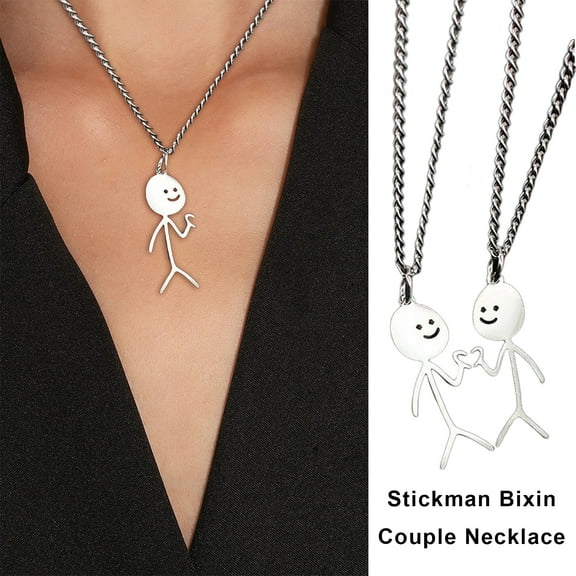 SmartBy 2 Pcs Couple Matching Necklaces Matchstick Men Love Heart Gesture Stainless Alloy Solid Color Hollow Out Chain Electroplated Best Friends Gift Unisex Pendant Necklace