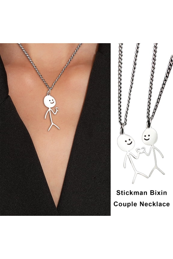2 Pcs Couple Matching Necklaces Matchstick Men Love Heart Gesture Stainless Alloy Solid Color Hollow Out Chain Electroplated Best Friends Gift Unisex Pendant Necklace