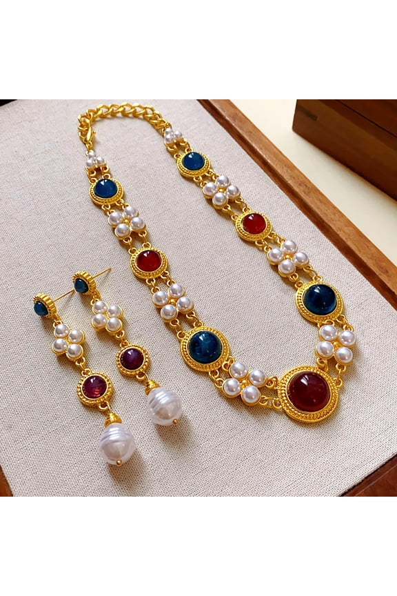 2 Pcs/Set Women Jewelry Set Faux Pearl Double-layered Thick Chain Earrings Exaggerated Retro Royal Style Geometric Stone Necklace Set Formal Banquet Party Jewelry